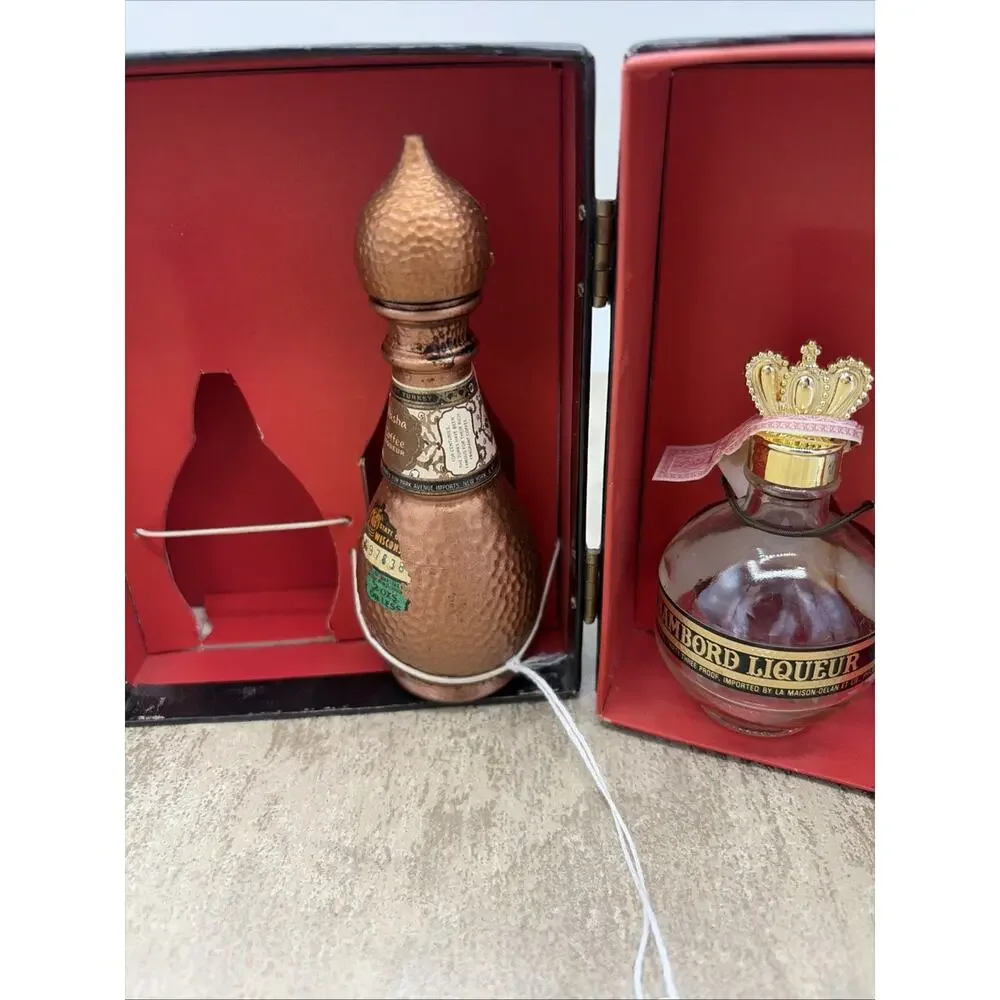 Vintage Set of 3 Mini Empty Liqueur Bottles in World of Flavor Box Imported